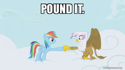 Size: 800x450 | Tagged: safe, edit, edited screencap, screencap, gilda, rainbow dash, griffon, pegasus, pony, g4, griffon the brush off, season 1, caption, duo, duo female, female, image macro, miraculous ladybug, pound it, text