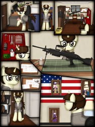 Size: 1750x2333 | Tagged: safe, artist:99999999000, oc, oc only, oc:cwe, oc:firearm king, oc:holly stone, oc:susie cotes, oc:wilson cotes, fish, pony, unicorn, comic:visit, american flag, aquarium, clothes, comic, computer, door, family photo, glue, gun, hammer, m249, male, screwdriver, soda, solo, tool, weapon, workshop, wrench