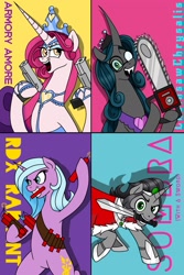 Size: 1365x2048 | Tagged: safe, artist:d00tnibba, artist:razzy, idw, king sombra, princess amore, queen chrysalis, radiant hope, changeling, changeling queen, pony, unicorn, g4, chainsaw, dynamite, explosives, fangs, female, glasses, gun, jewelry, male, mare, mirror universe, reformed, reformed sombra, regalia, reversalis, stallion, sword, weapon