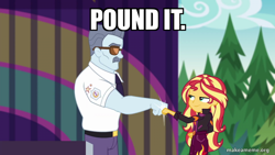 Size: 800x450 | Tagged: safe, edit, edited screencap, screencap, max steele, sunset shimmer, human, equestria girls, equestria girls specials, g4, my little pony equestria girls: better together, my little pony equestria girls: sunset's backstage pass, caption, clothes, duo, female, fist bump, image macro, male, miraculous ladybug, pound it, sunglasses, text