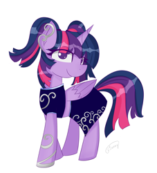 Size: 1560x1720 | Tagged: safe, artist:sunnyroop23, twilight sparkle, alicorn, pony, g4, clothes, dress, female, looking at you, mare, pigtails, simple background, solo, twilight sparkle (alicorn), twintails, white background