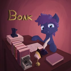 Size: 1080x1080 | Tagged: safe, artist:tsswordy, oc, oc only, oc:wolf herbst, earth pony, pony, blue eyes, blue fur, book, cheek fluff, cute, cute little fangs, cyrillic, fangs, flag, inkwell, looking at you, paper, purple mane, quill, russian, short hair, smiling, smirk, solo, writer