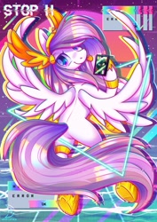 Size: 2480x3508 | Tagged: safe, artist:wavecipher, oc, oc:athena (shawn keller), oc:lustrous (shawn keller), pegasus, pony, guardians of pondonia, butt, cellphone, chromatic aberration, concave belly, high res, pegasus oc, phone, plot, slender, smartphone, spine, synthwave, thin, tongue out, triangle, vaporwave, vhs