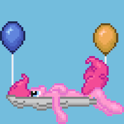 Size: 384x384 | Tagged: safe, artist:nitobit, pinkie pie, earth pony, pony, g4, animated, balloon, female, gif, hammock, lying, mare, party balloon, pixel art, simple background