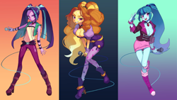Size: 3840x2160 | Tagged: safe, artist:ikirunosindo, edit, adagio dazzle, aria blaze, sonata dusk, equestria girls, g4, my little pony equestria girls: rainbow rocks, absolute cleavage, adorasexy, aria flat, beautisexy, blushing, boots, breasts, busty adagio dazzle, busty sonata dusk, cleavage, clothes, cute, delicious flat chest, eye clipping through hair, female, frown, gem, glare, gradient background, grin, high res, looking at you, microphone, miniskirt, open mouth, open smile, sexy, sharp teeth, shoes, siren gem, skirt, smiling, smiling at you, sneakers, sonatabetes, spiked wristband, stupid sexy sonata dusk, teeth, the dazzlings, trio, trio female, wall of tags, wallpaper, wallpaper edit, wristband