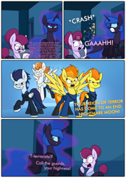 Size: 3000x4242 | Tagged: safe, artist:moonatik, part of a set, blaze, fire streak, nightmare moon, soarin', spitfire, oc, unnamed oc, alicorn, pegasus, pony, new lunar millennium, alternate timeline, belt, boots, casual nightmare moon, clothes, comic, dialogue, dress, ethereal mane, female, glasses, high res, jacket, jewelry, male, mare, missing accessory, necklace, nightmare takeover timeline, onomatopoeia, part of a series, shirt, shoes, stallion, sweater, tail bun, tanktop, text, this will not end well, wonderbolts