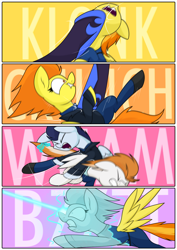 Size: 3000x4242 | Tagged: safe, artist:moonatik, part of a set, blaze, fire streak, nightmare moon, soarin', spitfire, alicorn, pegasus, pony, new lunar millennium, g4, abuse, alternate timeline, armor, clothes, comic, dialogue, ethereal mane, female, fight, high res, jacket, magic, male, mare, nightmare takeover timeline, part of a series, petrification, punch, stallion, tank top, text, violence, wonderbolts