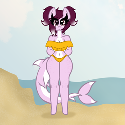 Size: 3543x3543 | Tagged: safe, artist:chubbehbunneh16, oc, oc only, original species, shark, shark pony, anthro, unguligrade anthro, arm behind back, beach, body freckles, breasts, cleavage, clothes, eye clipping through hair, female, freckles, gradient mane, high res, mare, shoulder freckles, simple background, solo, swimsuit