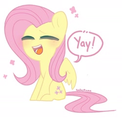 Size: 1808x1765 | Tagged: safe, artist:softpound, fluttershy, pegasus, pony, g4, blushing, chibi, cute, dialogue, eyes closed, female, flutteryay, mare, no nose, open mouth, shyabetes, simple background, sitting, solo, speech bubble, white background, yay