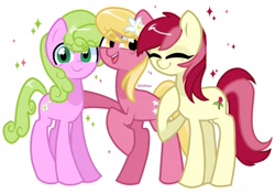 Size: 2247x1574 | Tagged: safe, artist:softpound, daisy, flower wishes, lily, lily valley, roseluck, earth pony, pony, g4, cute, eyes closed, female, flower trio, looking at you, mare, open mouth, simple background, smiling, trio, trio female, white background