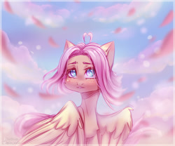 Size: 3000x2500 | Tagged: safe, artist:zefirka, fluttershy, pegasus, pony, g4, alternate hairstyle, blushing, chest fluff, cloud, high res, sky, solo