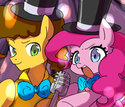 Size: 700x600 | Tagged: safe, artist:770nanao15, cheese sandwich, pinkie pie, earth pony, pony, g4, pinkie pride, bowtie, duo, female, hat, make a wish, male, mare, microphone, open mouth, scene interpretation, stallion, top hat
