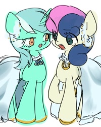 Size: 1200x1500 | Tagged: safe, artist:770nanao15, bon bon, lyra heartstrings, sweetie drops, earth pony, pony, g4, blushing, clothes, cute, dress, female, lesbian, mare, open mouth, ship:lyrabon, shipping, simple background, wedding dress, white background