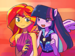Size: 2275x1693 | Tagged: safe, artist:770nanao15, sunset shimmer, twilight sparkle, alicorn, equestria girls, g4, rainbow rocks, duo, female, microphone, open mouth, ponied up, scene interpretation, sleeveless, twilight sparkle (alicorn), welcome to the show