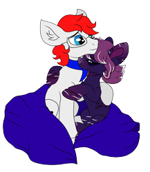 Size: 1512x1745 | Tagged: safe, artist:sajimex, oc, oc only, oc:rae (min), earth pony, pegasus, pony, blanket, clothes, covered in scars, cut, dissociative identity disorder, duo, female, happy, hug, mare, persecutor, purple nipples, reference used, scar, scarf, self harm scars, simple background, smiling, transparent background