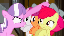 Size: 1280x720 | Tagged: safe, screencap, apple bloom, diamond tiara, scootaloo, sweetie belle, earth pony, pegasus, pony, unicorn, g4, ponyville confidential, season 2, animated, blackmail, close-up, cutie mark crusaders, extreme close-up, fedora, female, filly, hat, offscreen character, pov, rapeface, sound, webm
