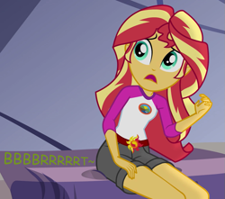 Size: 813x720 | Tagged: safe, artist:thedarkpony, edit, edited screencap, screencap, sunset shimmer, equestria girls, g4, legend of everfree, camp everfree outfits, clothes, cropped, fart, fart edit, fart noise, female, onomatopoeia, shorts, sitting, sound effects