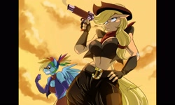 Size: 2900x1740 | Tagged: safe, artist:traupa, applejack, rainbow dash, earth pony, pegasus, anthro, g4, afternoon, bandage, belly button, belt, belt buckle, breasts, busty applejack, busty rainbow dash, cleavage, clothes, cloud, cowboy hat, curvy, fingerless gloves, freckles, gloves, gun, hand on hip, hat, hay, hay stalk, hourglass figure, long gloves, mouth hold, neckerchief, ponytail, sky, smiling, sunglasses, weapon, wings