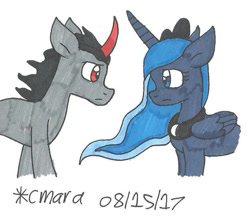 Size: 805x700 | Tagged: safe, artist:cmara, king sombra, princess luna, alicorn, pony, unicorn, g4, cute, female, frown, implied lumbra, looking at each other, lunabetes, male, mare, ship:lumbra, shipping, sombradorable, stallion, straight, traditional art