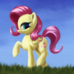 Size: 2595x2594 | Tagged: safe, artist:flusanix, fluttershy, pegasus, pony, g4, female, folded wings, grass, high res, looking at you, mare, outdoors, profile, raised hoof, smiling, solo, standing, wings