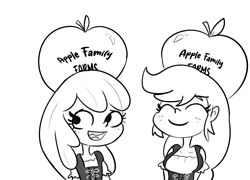 Size: 4554x3278 | Tagged: safe, artist:tjpones, apple bloom, applejack, equestria girls, g4, adorabloom, apple, apple sisters, black and white, breast size difference, breasts, busty applejack, clothes, cute, delicious flat chest, dirndl, dress, duo, eyes closed, female, food, freckles, grayscale, jackabetes, monochrome, siblings, simple background, sisters, smiling, tooth gap, white background