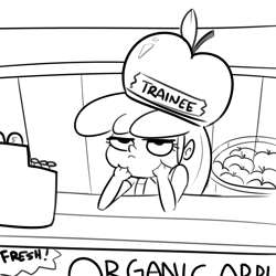 Size: 3000x3000 | Tagged: safe, artist:tjpones, apple bloom, equestria girls, g4, apple, black and white, cash register, female, food, freckles, grayscale, grumpy, hand on chin, hat, high res, monochrome, solo