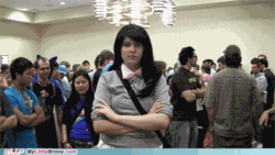 Size: 500x281 | Tagged: safe, artist:littlemissbloo, dj pon-3, octavia melody, vinyl scratch, human, g4, animated, clothes, cosplay, costume, crossed arms, everfree northwest, everfree northwest 2012, gif, irl, irl human, my little brony, octavia is not amused, photo, record, unamused
