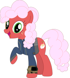 Size: 3210x3557 | Tagged: safe, artist:php170, artist:porygon2z, oc, oc only, oc:strawberry fluffcake, earth pony, pony, fallout equestria, clothes, earth pony oc, fallout, female, high res, jumpsuit, looking at you, mare, open mouth, pipboy, simple background, solo, teeth, transparent background, vault suit, vector
