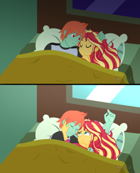 Size: 4194x5165 | Tagged: safe, artist:floonasif, sunset shimmer, oc, oc:ruby sword, equestria girls, g4, bed, bed hair, bedroom, bedsheets, canon x oc, clothes, cute, female, insomnia, looking at each other, male, morning, night, pajamas, playing with hair, shimmerbetes, shipping, show accurate, sleeping, smiling, snuggling, straight, sunset's apartment, sunsword, tired, tired eyes, window