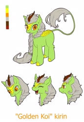 Size: 1490x2160 | Tagged: safe, artist:chaary, oc, oc only, oc:golden koi, kirin, braid, male, reference sheet, solo, trap