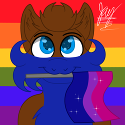 Size: 1200x1200 | Tagged: safe, artist:jay_wackal, oc, oc only, oc:rubik, earth pony, pony, :3, bisexual pride flag, colored pupils, cute, ear fluff, gay pride, lgbt, male, original character do not steal, pride, pride flag, smiling, solo, sparkly eyes, stallion, starry eyes, wingding eyes
