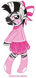 Size: 561x1200 | Tagged: safe, artist:jennieoo, oc, oc only, oc:lost way, zebra, blushing, cheerleader, clothes, crossdressing, cute, femboy, male, ribbon, show accurate, solo, stockings, thigh highs