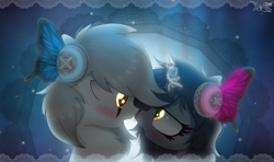 Size: 1750x1036 | Tagged: source needed, useless source url, safe, artist:jadebreeze115, oc, oc only, oc:kate, oc:kej, pegasus, pony, unicorn, blushing, butterfly wings, chest fluff, cute, duo, female, gift art, glowing eyes, glowing horn, headphones, horn, k+k, looking at each other, love, magnet (vocaloid), male, mare, night, oc x oc, pegasus oc, romance, romantic, shipping, song reference, stallion, straight, unicorn oc, vocaloid, wings