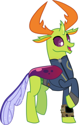 Size: 1600x2531 | Tagged: safe, artist:hendro107, artist:php170, thorax, changedling, changeling, fallout equestria, g4, triple threat, changeling king, clothes, fallout, happy, high res, jumpsuit, king thorax, male, open mouth, pipboy, raised hoof, simple background, smiling, solo, transparent background, vault suit, vector