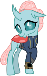 Size: 2000x3200 | Tagged: safe, artist:cheezedoodle96, artist:php170, edit, ocellus, changedling, changeling, fallout equestria, g4, school daze, clothes, crossed legs, cute, cuteling, diaocelles, fallout, female, high res, jumpsuit, looking at you, pipboy, shy, simple background, smiling, solo, transparent background, vault suit, vector