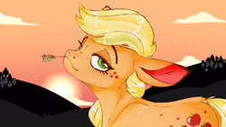 Size: 1920x1080 | Tagged: safe, artist:woollyart, applejack, pony, alternative cutie mark placement, facial cutie mark, freckles, looking at you, shoulder freckles, solo, straw in mouth