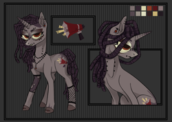 Size: 3508x2480 | Tagged: safe, artist:b0n3rc0ck, oc, oc only, oc:rebel yell, pony, unicorn, ear piercing, earring, eyebrow piercing, female, fishnet stockings, high res, jewelry, lip piercing, mare, necklace, piercing, reference sheet, solo, unshorn fetlocks