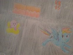 Size: 3264x2448 | Tagged: safe, artist:rainbowrider45, rainbow dash, pegasus, pony, puffball, g4, crossover, flying, high res, kirby, kirby (series), kirby air ride, machine passage, signature, traditional art, warp star