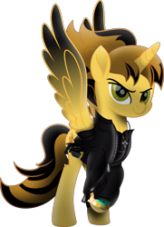 Size: 5830x8062 | Tagged: safe, artist:php178, derpibooru exclusive, oc, oc:killer epic, alicorn, pony, fallout equestria, g4, my little pony: the movie, .svg available, alicorn oc, alternate design, alternate universe, belt, clothes, colored wings, computer screen, cross, cross necklace, crossed hooves, determination, determined, determined face, determined look, determined smile, fire, glowing, gold pipbuck 3000, gradient ears, gradient eyes, gradient wings, gun, handgun, highlights, holster, horn, jacket, leather jacket, lincoln brewster, looking at you, male, mane, movie accurate, neck line, pipbuck, pipbuck 3000, pistol, ponified, ponified music artist, raised eyebrow, raised hoof, revolver, screen, shading, simple background, smiling, smiling at you, spread wings, stallion, stallion oc, strings, svg, tail, transparent background, utility belt, vector, vigilance (gun), weapon, wings, zipper