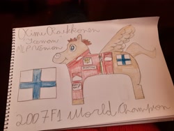 Size: 4128x3096 | Tagged: safe, artist:super-coyote1804, pony, colored pencil drawing, finland, formula 1, kimi raikkonen, ponified, solo, traditional art
