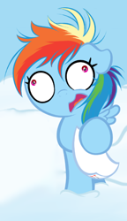 Size: 414x718 | Tagged: safe, artist:becauseimpink, edit, rainbow dash, pegasus, pony, comic:transition, g4, cloud, cropped, cross-eyed, derp, faic, female, filly, filly rainbow dash, floppy ears, front view, messy mane, open mouth, paper, solo, wordless edit, younger