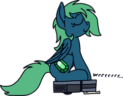 Size: 1966x1530 | Tagged: safe, artist:skookz, oc, oc only, oc:emerald, pegasus, pony, eyes closed, female, happy, mare, ponies riding roombas, riding, roomba, simple background, sitting, solo, text, transparent background, wings