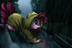 Size: 4117x2757 | Tagged: safe, artist:pridark, pinkie pie, earth pony, pony, g4, absurd file size, boots, cupcake, female, food, high res, imminent death, mare, rain, raincoat, sewer, shoes, signature, solo, stephen king's it, this will end in death