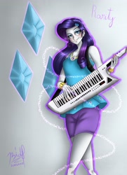 Size: 2893x3996 | Tagged: safe, artist:bidzinha, rarity, equestria girls, g4, bracelet, cutie mark background, high res, jewelry, keytar, musical instrument, rarity peplum dress, solo