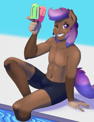 Size: 995x1280 | Tagged: safe, artist:talimingi, oc, oc only, earth pony, anthro, belly button, bulges, clothes, commission, digital art, food, grin, looking at you, male, one eye closed, partial nudity, pecs, popsicle, shorts, sitting, smiling, smiling at you, solo, swimming pool, swimming trunks, tail, thighs, topless, wink, winking at you, ych result