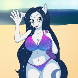 Size: 1280x1280 | Tagged: safe, artist:axelferdinan, artist:beholdervee, oc, oc only, earth pony, anthro, bare shoulders, beach, belly, belly button, big breasts, bikini, blue eyes, bra, breasts, busty oc, cleavage, clothes, commission, cutie mark, digital art, eyebrows, eyelashes, female, hair, long hair, ocean, open mouth, panties, sand, solo, standing, swimsuit, tail, thick, thighs, thunder thighs, underwear, waving, wide hips, ych result