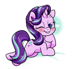 Size: 1005x956 | Tagged: safe, artist:paperbagpony, starlight glimmer, pony, unicorn, g4, blushing, cute, eyebrows, female, glimmerbetes, grin, heart, looking at you, lying down, mare, one eye closed, prone, smiling, smiling at you, solo, wink, winking at you