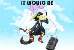 Size: 7006x4800 | Tagged: safe, artist:fiyawerks, oc, oc only, oc:fiya, earth pony, pony, ben rector, clothes, cloud, coffee, it would be you, microphone, socks, solo, song reference, speaker, spill