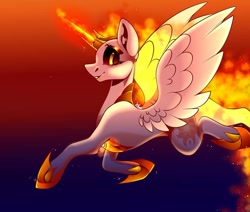 Size: 1080x915 | Tagged: safe, artist:tessa_key_, daybreaker, alicorn, pony, g4, abstract background, female, hoof shoes, horn, mane of fire, mare, peytral, signature, solo, wings