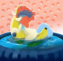 Size: 4248x4104 | Tagged: safe, artist:fiyawerks, oc, oc only, oc:keldia, pony, banana, cute, female, food, hot tub, inflatable, inflatable toy, mare, pokémon, ponified, pool toy, smiling, solo, swimming, water